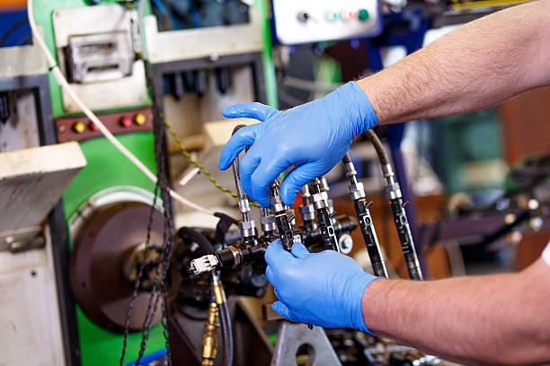 Professional mechanic testing diesel injector in his workshop